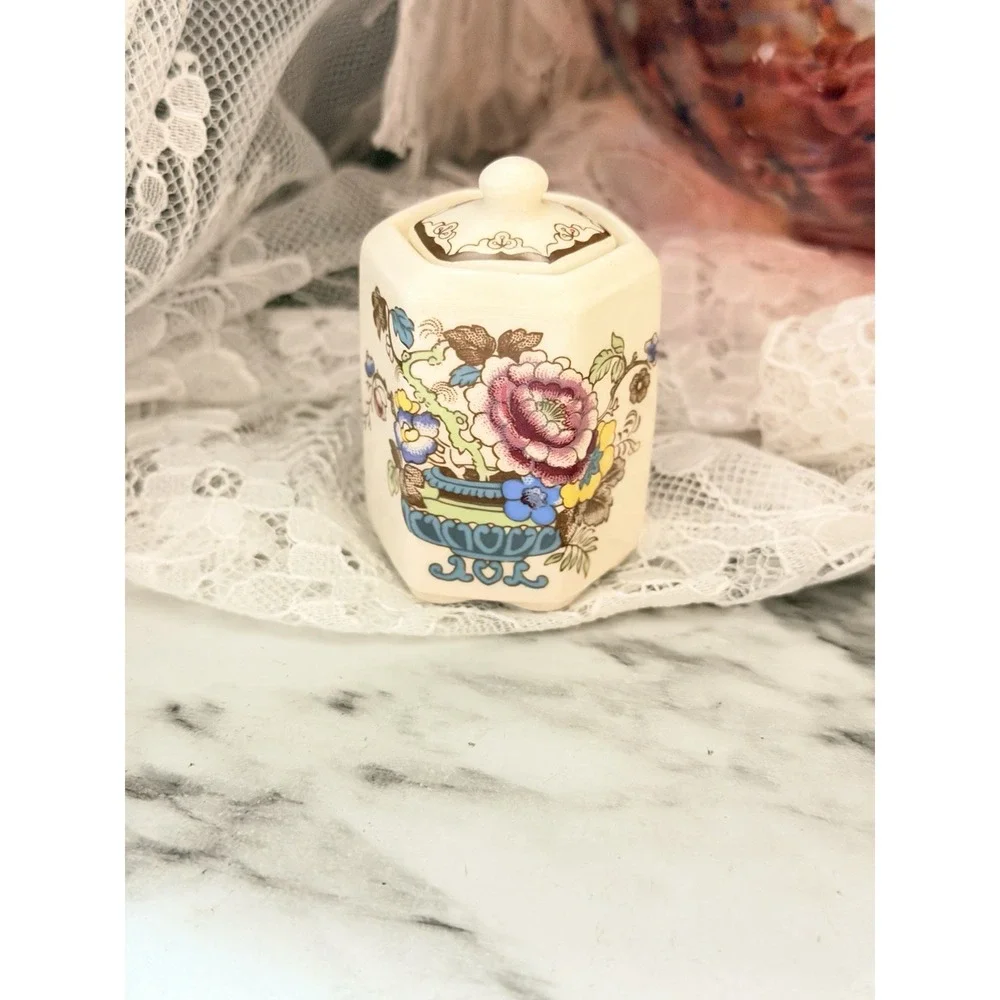 Mason's Ironstone Hexagon Flowered Trinket Box & Lid Jar Transfer Ware (A3216)
